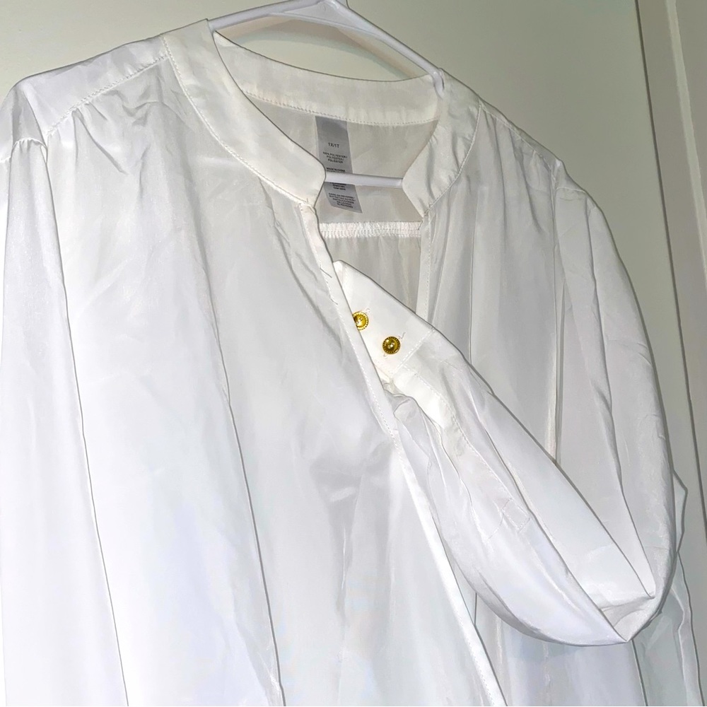 Brand new White Semi Sheer Blouse Gold Buttons V Neck Crisscross
